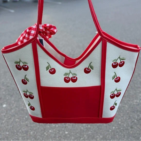 Steve Madden Cherry Red Gingham Scarf Bow Cream denim Tote Bag satchel Purse - Picture 6 of 9